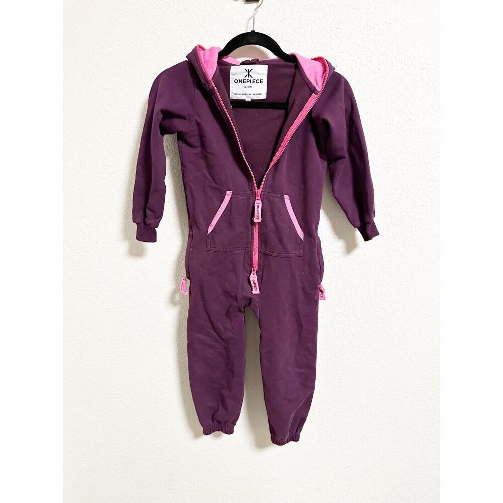 Onepiece Kids Hooded Fleece Jumpsuit Full Zip Long‎ Sleeve Purple Pink Size 4/5